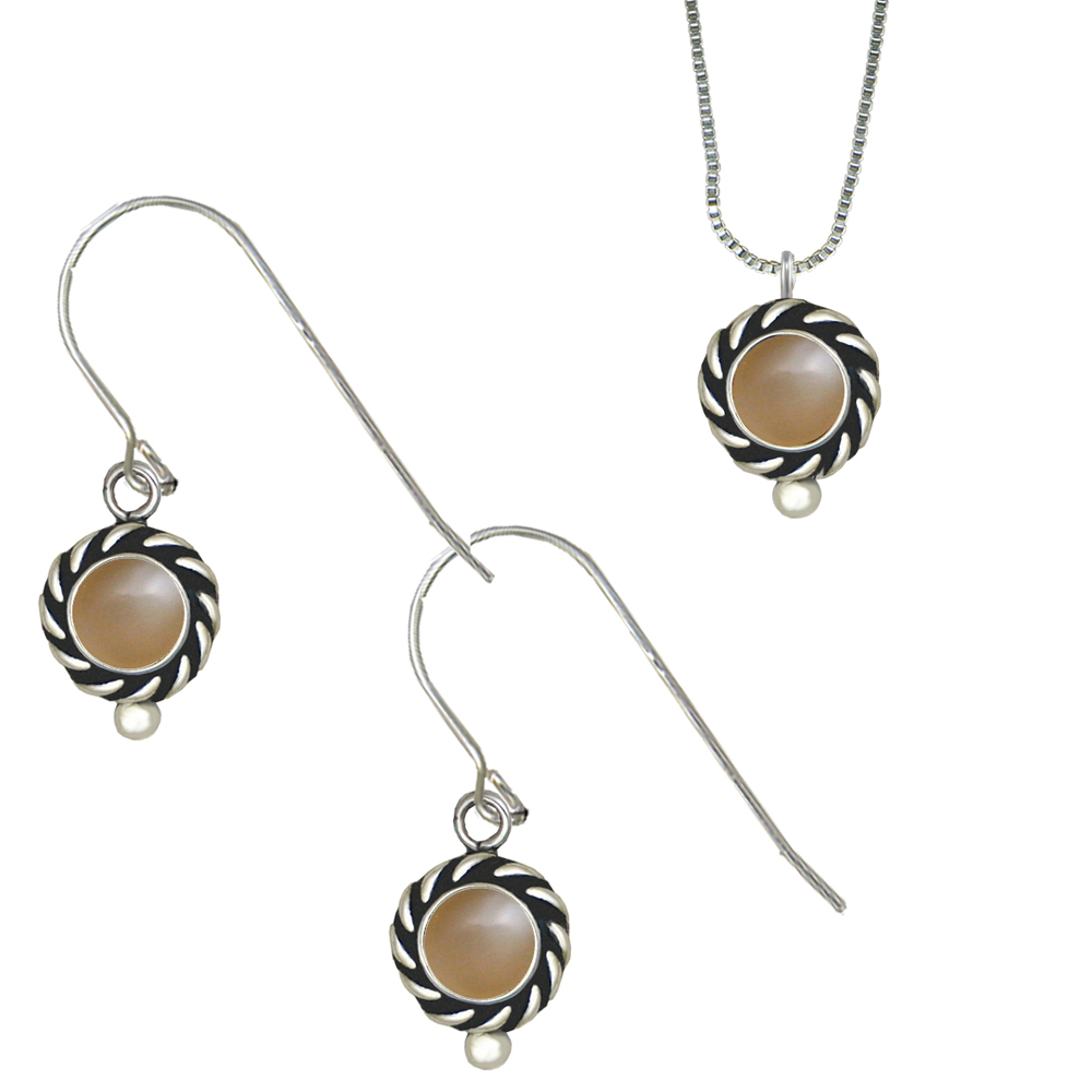 Sterling Silver Petite Necklace Earrings Set Peach Moonstone